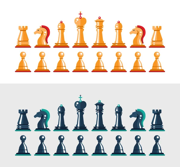 Diseño plano aislado figuras de ajedrez en blanco y negro. Colección del rey, reina, obispo, caballero, torre, peón — Archivo Imágenes Vectoriales