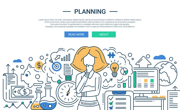 Illustration of modern line flat design planning process composition and infographics elements with a woman thinking. Header, banner for your website. — Stock Vector