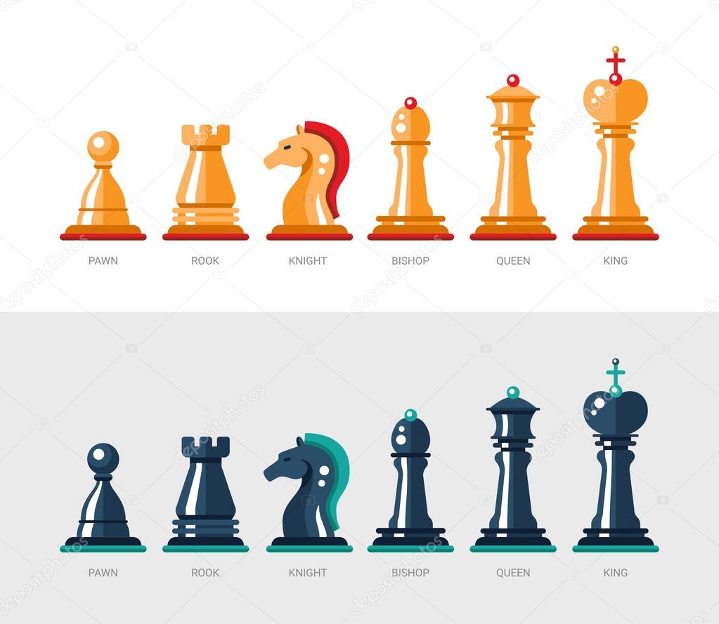 Flat design isolated named chess icons. Collection of the king, queen, bishop, knight, rook, and pawn