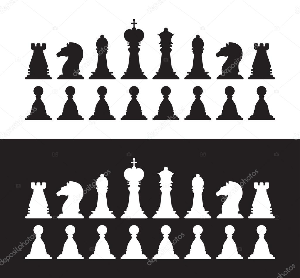 Isolated black and white chess silhouettes. Collection of the king, queen, bishop, knight, rook, pawn