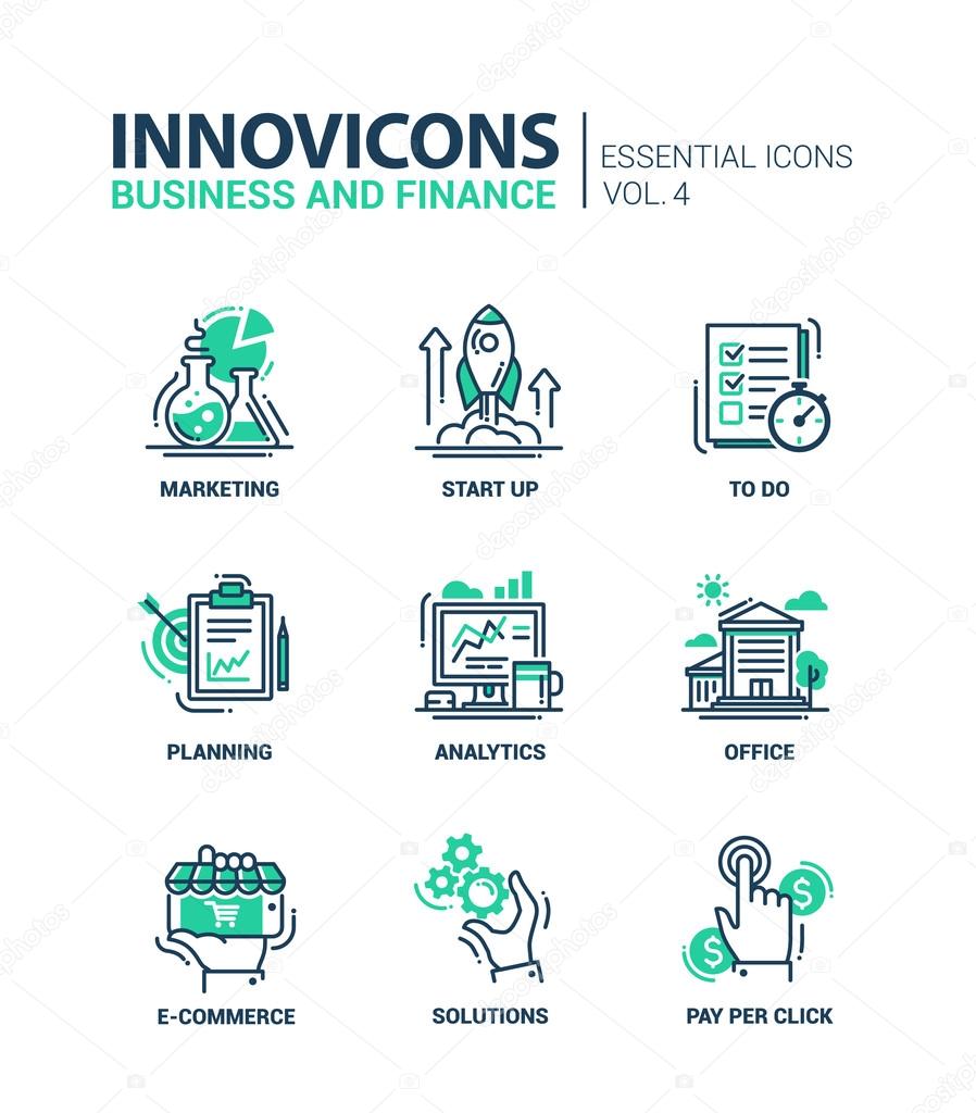 Set of modern office thin line flat design icons, pictograms. Business and finance infographics objects, web elements. Marketing, start up, to do list, planning, analytics, office, e-commerce