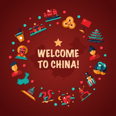 Flat design China travel postcard with icons, famous Chinese symbols