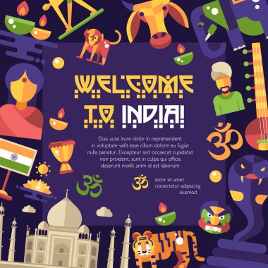 Flat design India travel flyer with famous Indian symbols icons