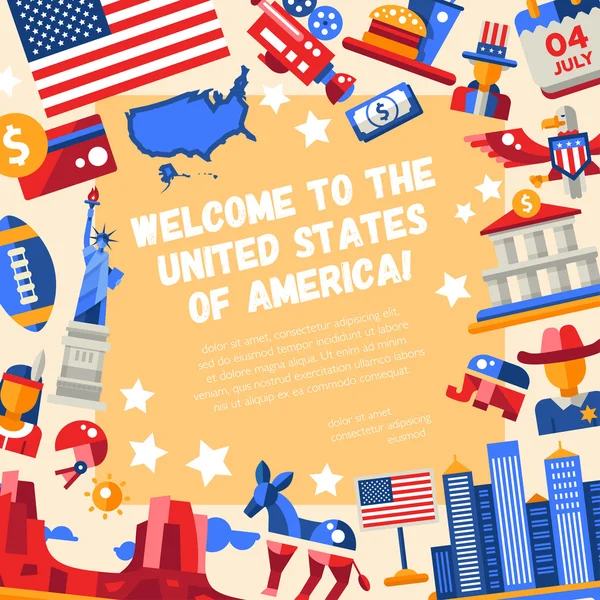 Flat design USA travel flyer with icons, famous American symbols — Stok Vektör