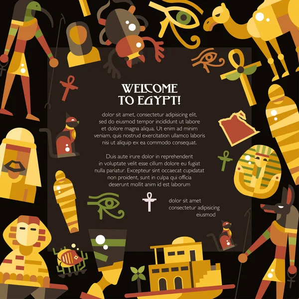 Плоский дизайн Египет путешествия открытки с известными египетскими символами иконки — стоковый вектор
