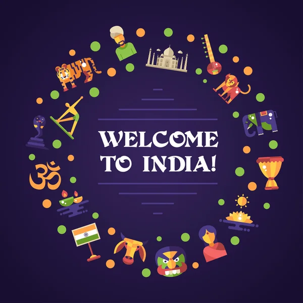 Flat design India travel banner with famous Indian symbols icons — Wektor stockowy