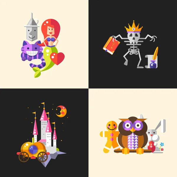 Fairy tales flat design magic cartoon characters compositions set — Διανυσματικό Αρχείο
