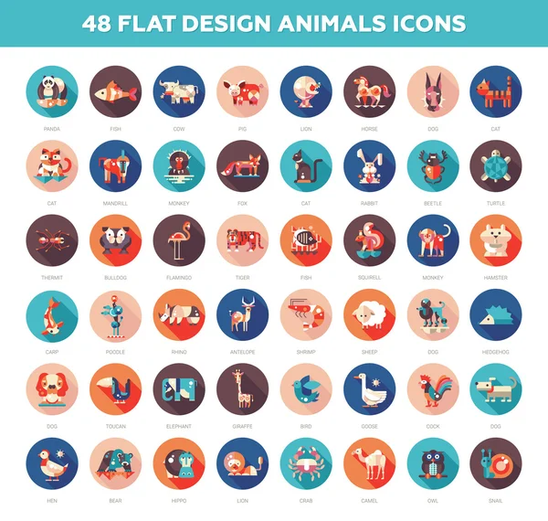 Flat design wild and domestic animals icons set — Διανυσματικό Αρχείο