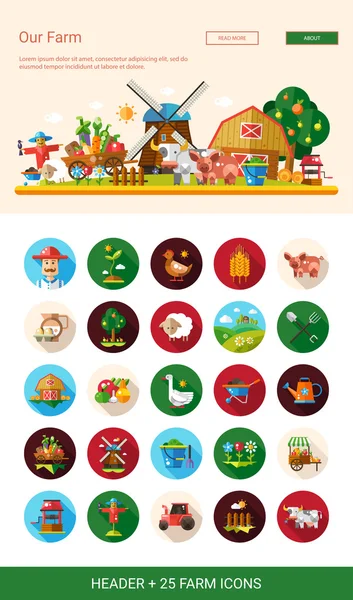 Flat design farm, agriculture icons and elements with header — Stockvector