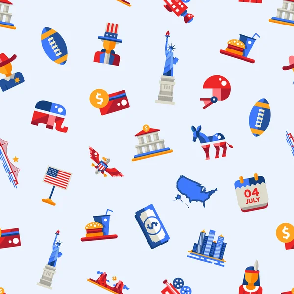 Flat design USA travel postcard with landmarks, famous American symbols — Stockový vektor