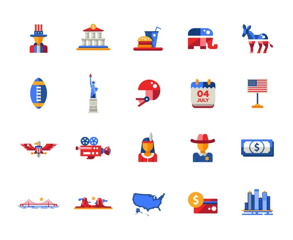 Design plano Ícones de viagem dos EUA, elementos infográficos com símbolos americanos — Vetor de Stock