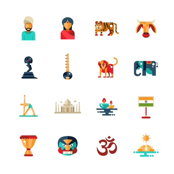 Rancangan datar India ikon perjalanan, elemen infografis dengan simbol India - Stok Vektor