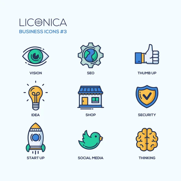 Escritório moderno e ícones de design plano de linha de negócios, conjunto de pictogramas —  Vetores de Stock