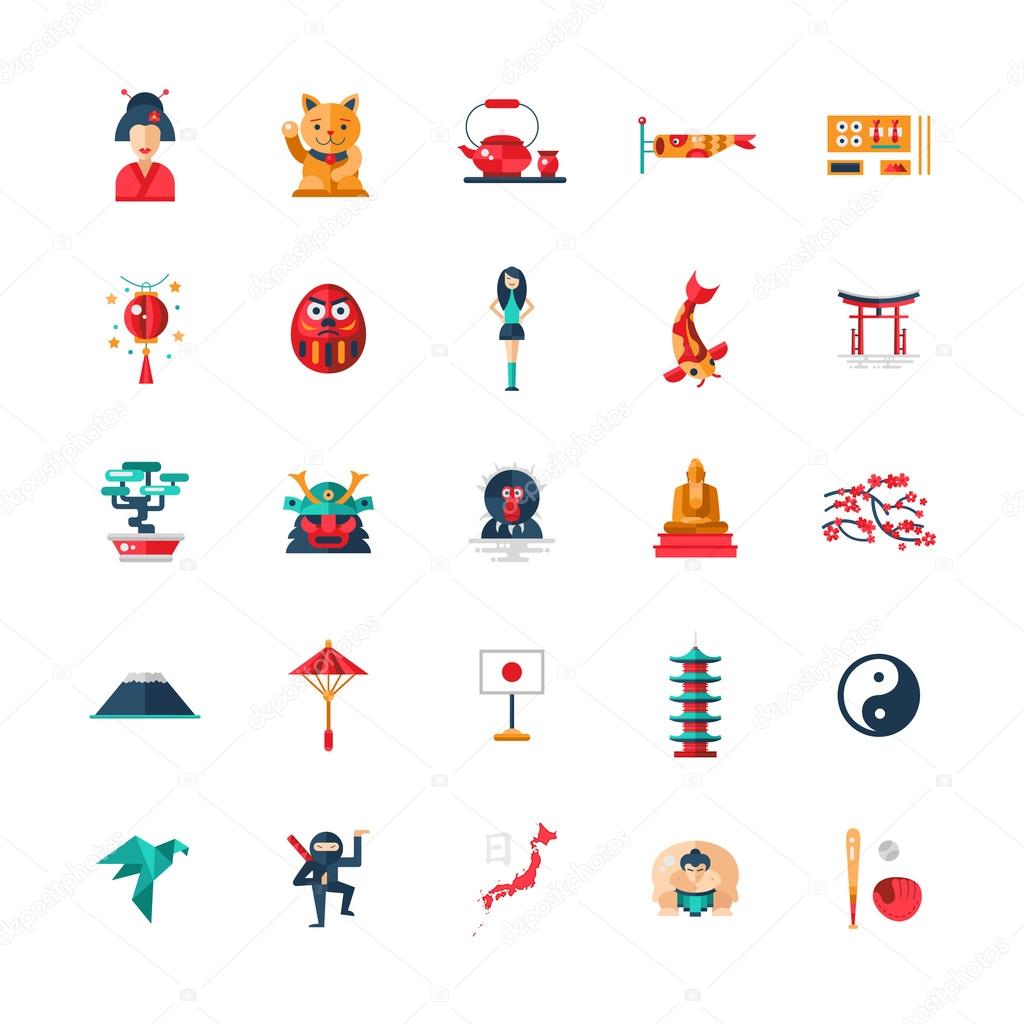 Flat design Japan travel icons, infographics elements with Japanese symbols