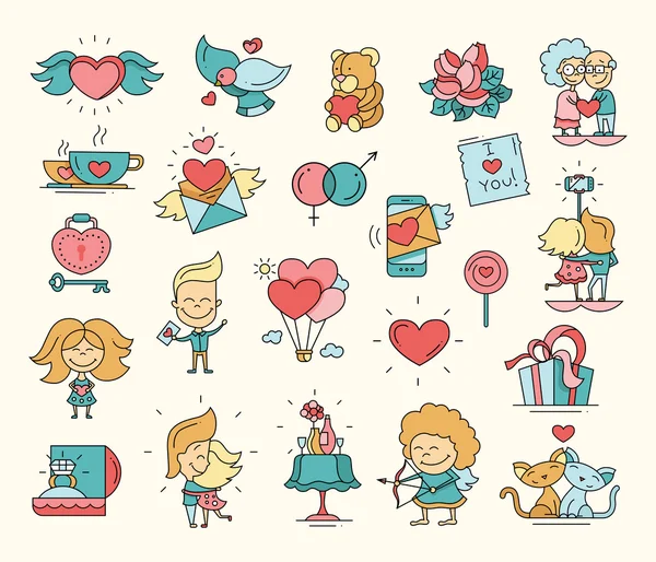 Diseño plano San Valentín amor iconos y elementos románticos — Vector de stock