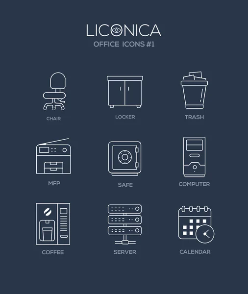 Set de icoane moderne de design plat și pictograme de linie de birou . — Vector de stoc