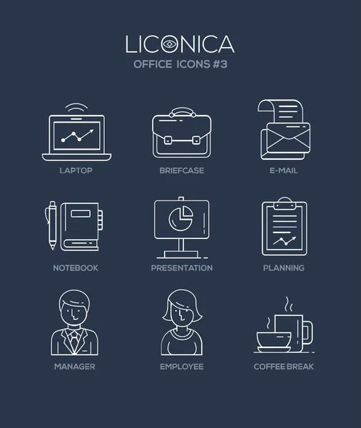 Escritório moderno e ícones de design plano de linha de negócios, conjunto de pictogramas —  Vetores de Stock