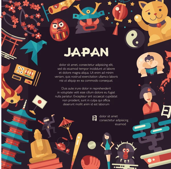 Düz tasarım Japonya seyahat yerler, ünlü Japon semboller ile kartpostal