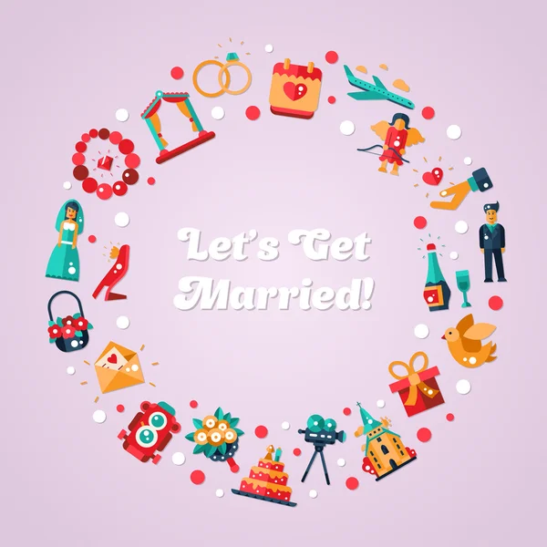 Επίπεδη σχεδίαση γάμου και γάμος πρόταση κύκλος καρτ ποστάλ — Διανυσματικό Αρχείο