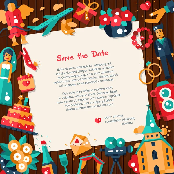 Vorlage für Hochzeits- und Heiratseinladungskarten im flachen Design — Stockvektor