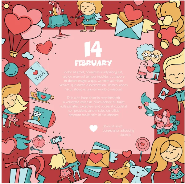 Düz tasarım Sevgililer günü aşk ve romantizm simgeler Kartpostalı — Stok Vektör