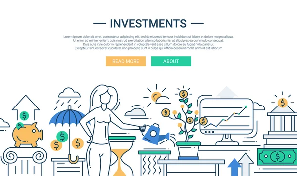 Banner de diseño plano de línea de inversiones con financiación de gestión femenina — Vector de stock