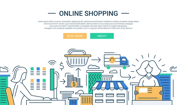 Linha de compras on-line banner design plano com um processo de compra — Vetor de Stock