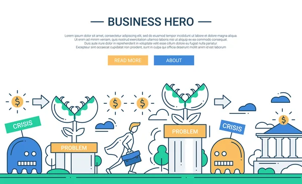 Business hero line flat design banner with business challenge. — Stock Vector