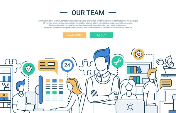 Il nostro banner di design piatto della linea del team con gli impiegati . — Vettoriale Stock