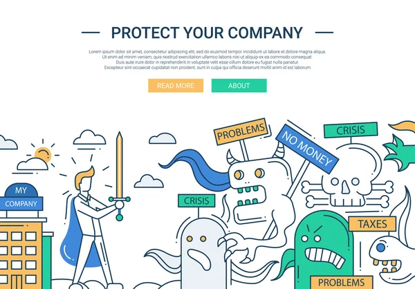 Bescherm uw bedrijf lijn platte ontwerp banner met superheld zakenman. — Stockvector