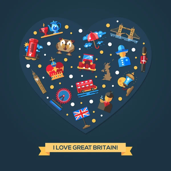 I love Great Britain heart card with famous British symbols — Stock Vector