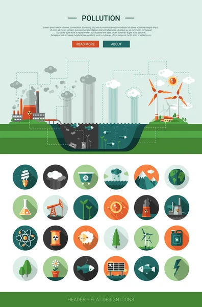 Flat ecologische iconen met kop-en infographics ontwerp — Stockvector