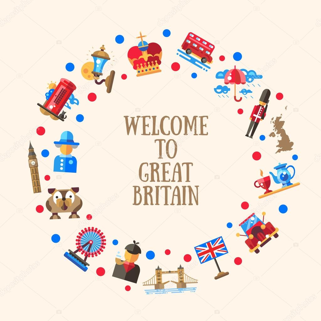 Welcome to Great Britain circle card with famous British symbols
