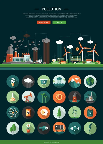 Lapos kivitel ökológiai ikonok fejléc és infographics elemekkel — Stock Vector
