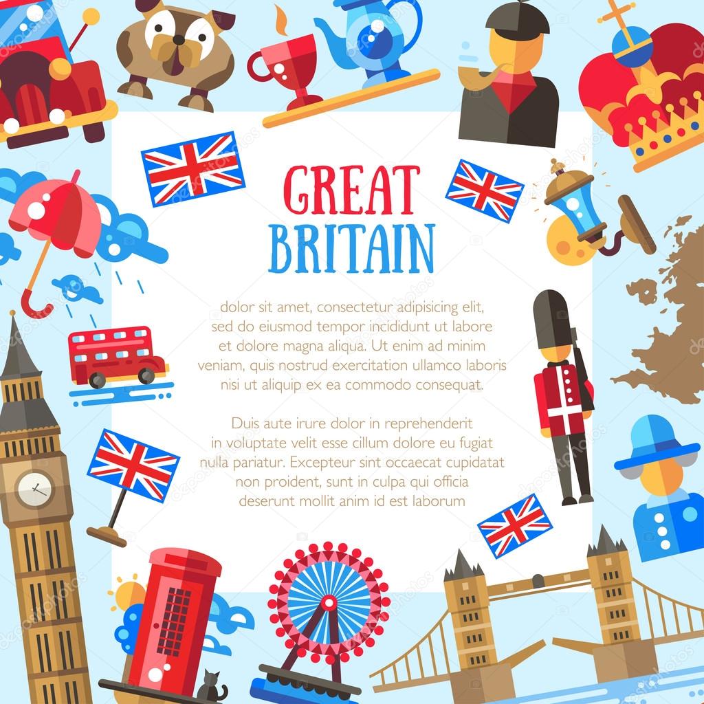 Great Britain travel card template with famous British symbols — Stock