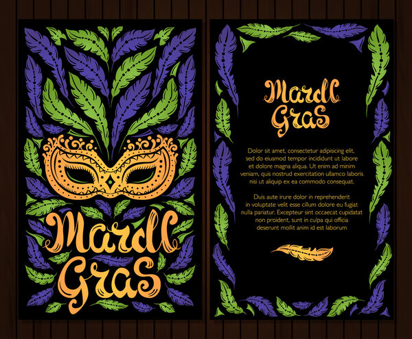 Mardi Gras celebration poster with venetian mask and feathers