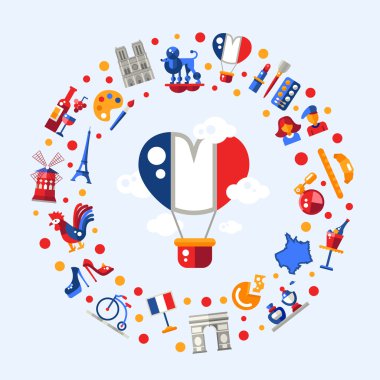 France travel icons circle postcard with famous French symbols