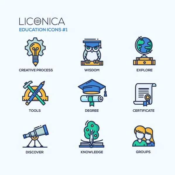 Escuela moderna y la educación iconos de diseño de línea delgada, pictogramas — Vector de stock