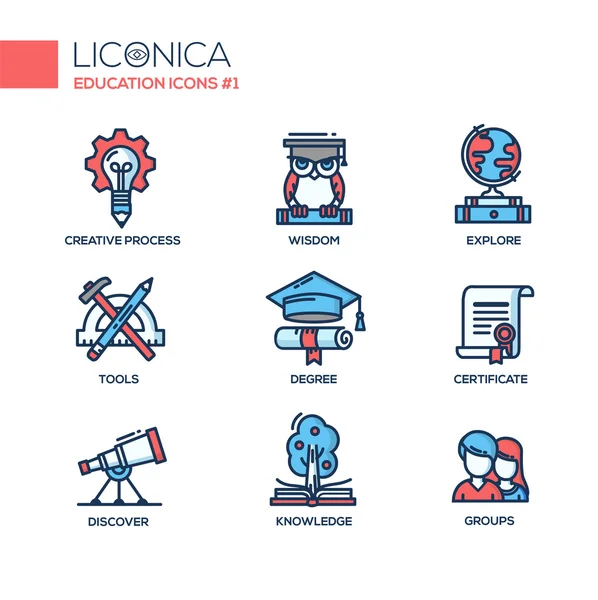 Escuela moderna y la educación iconos de diseño de línea delgada, pictogramas — Vector de stock