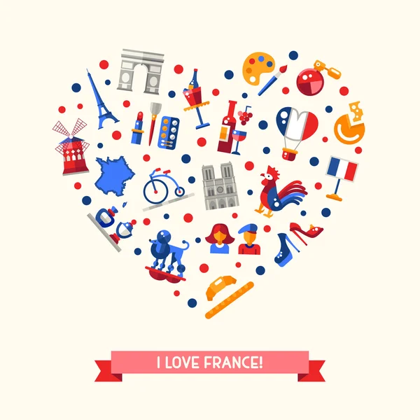 Francia viaje iconos corazón postal con famosos símbolos franceses — Vector de stock