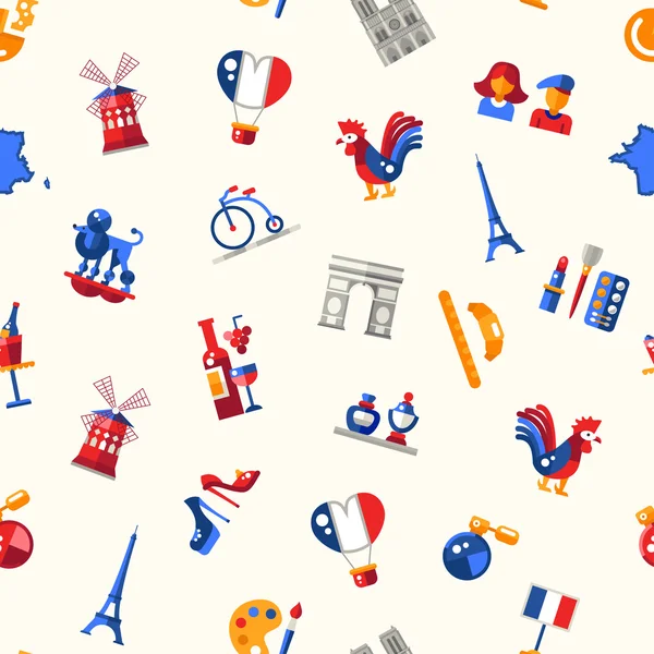 France travel icons seamless pattern with famous French symbols — Stockový vektor