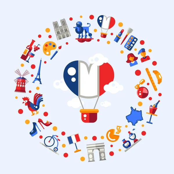 France travel icons circle postcard with famous French symbols — 图库矢量图片