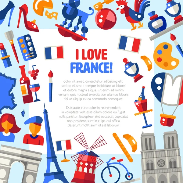 Francia iconos de viaje círculo postal con símbolos franceses famosos — Vector de stock