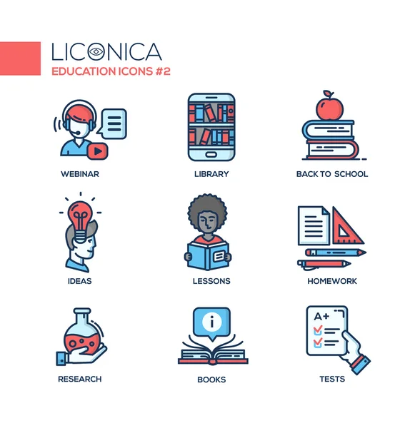 Escuela moderna y la educación iconos de diseño de línea delgada, pictogramas — Vector de stock