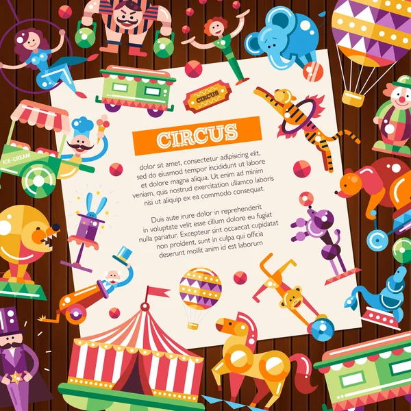 Carte postale Cirque, icônes de carnaval et éléments d'infographie — Image vectorielle