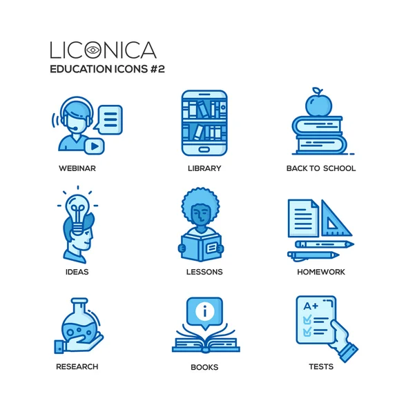 Escuela moderna y la educación iconos de diseño de línea delgada, pictogramas — Vector de stock