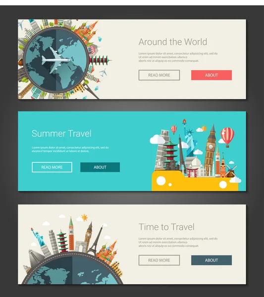 Плоские дизайнерские баннеры, гарнитуры, иллюстрации со всемирно известными достопримечательностями — стоковый вектор