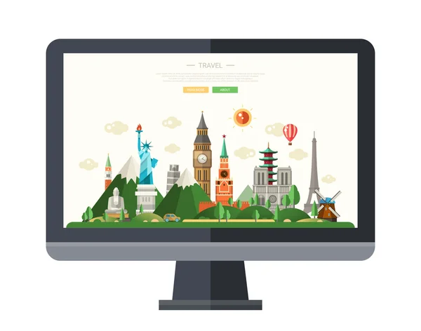 Illustration de design plat avec des monuments célèbres dans le monde entier sur un écran — Image vectorielle