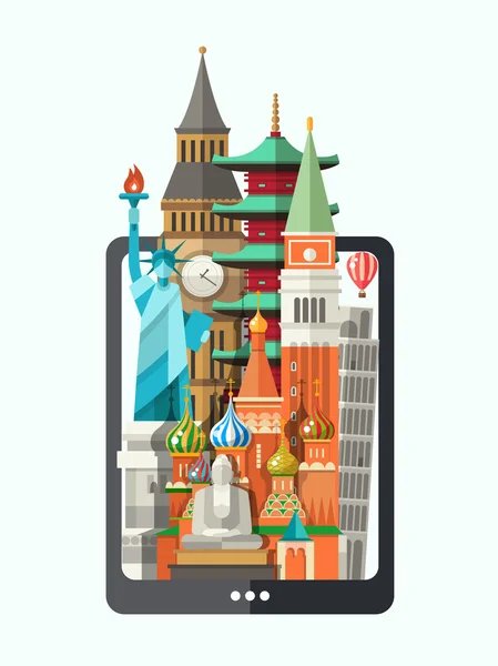 Ilustración de diseño plano con monumentos de fama mundial en una pantalla — Archivo Imágenes Vectoriales