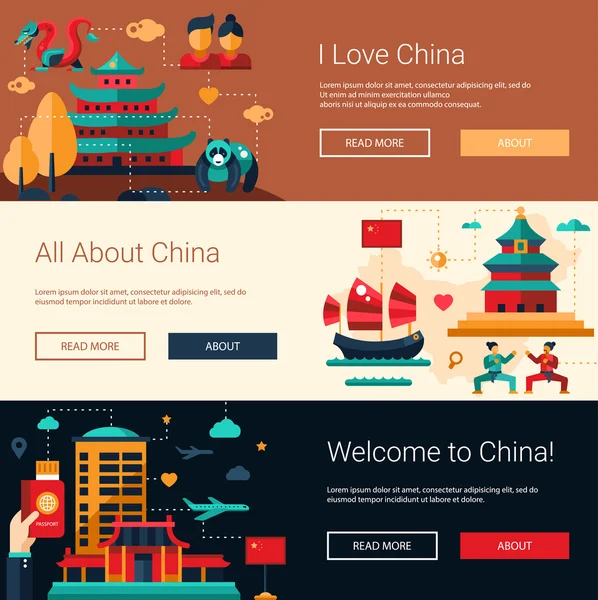 Diseño plano China banderas de viaje conjunto con símbolos chinos famosos — Vector de stock